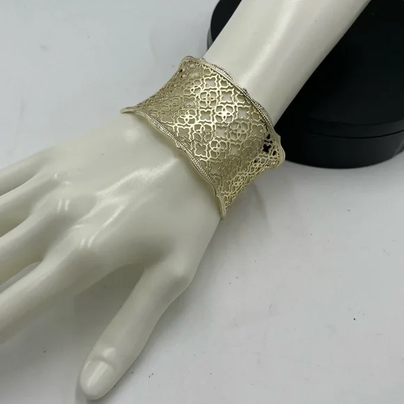 Kendra Scott Designer Candice Gold Tone Filigree Concave Wide Cuff Bracelet - Picture 2 of 13